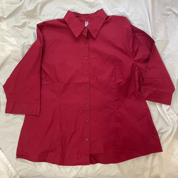 Women's Red Sz 3X 3/4 Sleeve Button Down Business Blouse Top Collar Darted - Picture 1 of 9